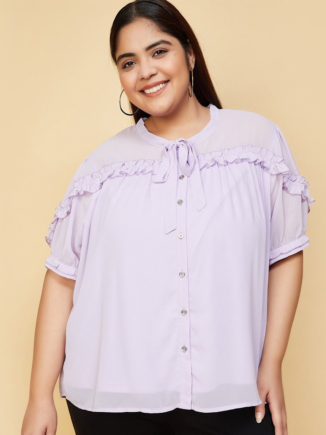 

max Plus Size Puff Sleeves Ruffles Shirt Style Top, Purple