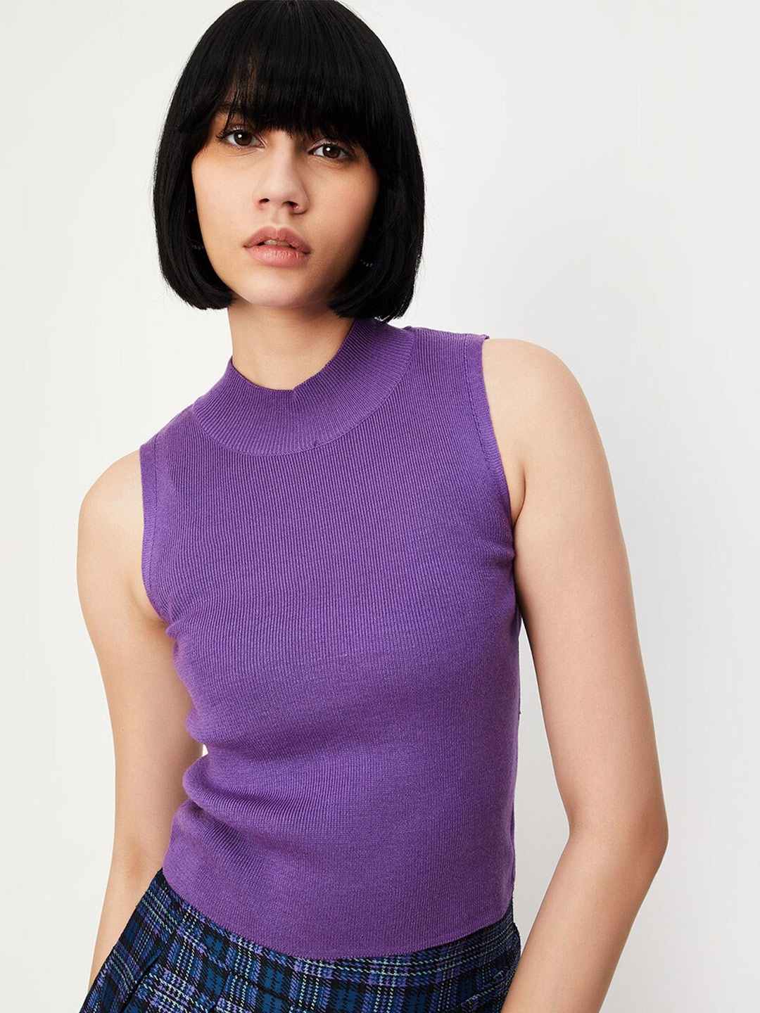 

max Self Design High Neck Fitted Regular Top, Purple