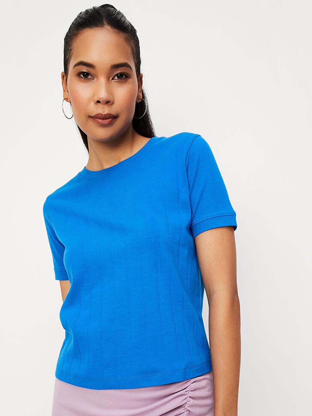 

max Round Neck Knitted Cotton Top, Blue