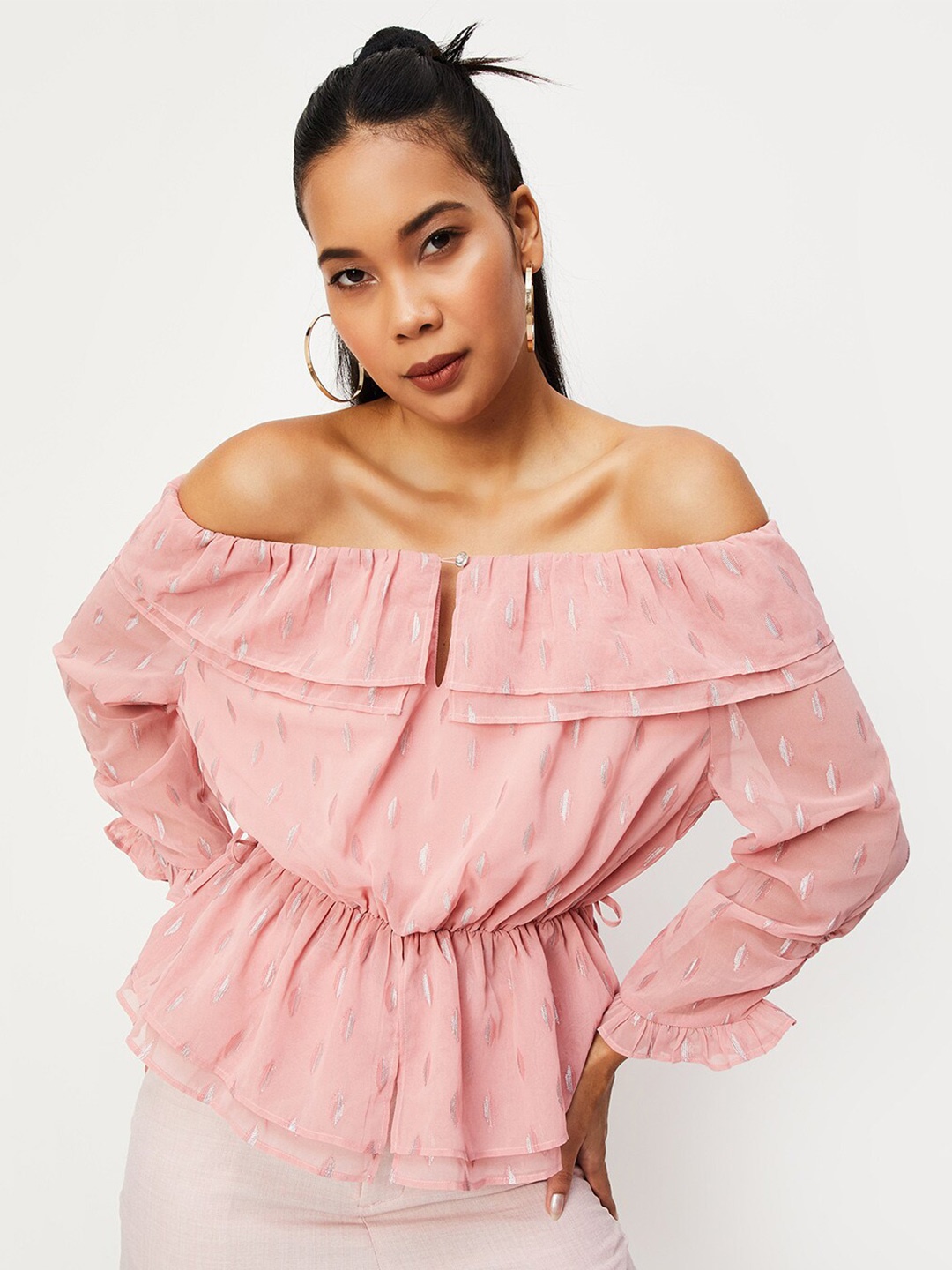 

max Floral Printed Off-Shoulder Cinched Waist Top, Pink