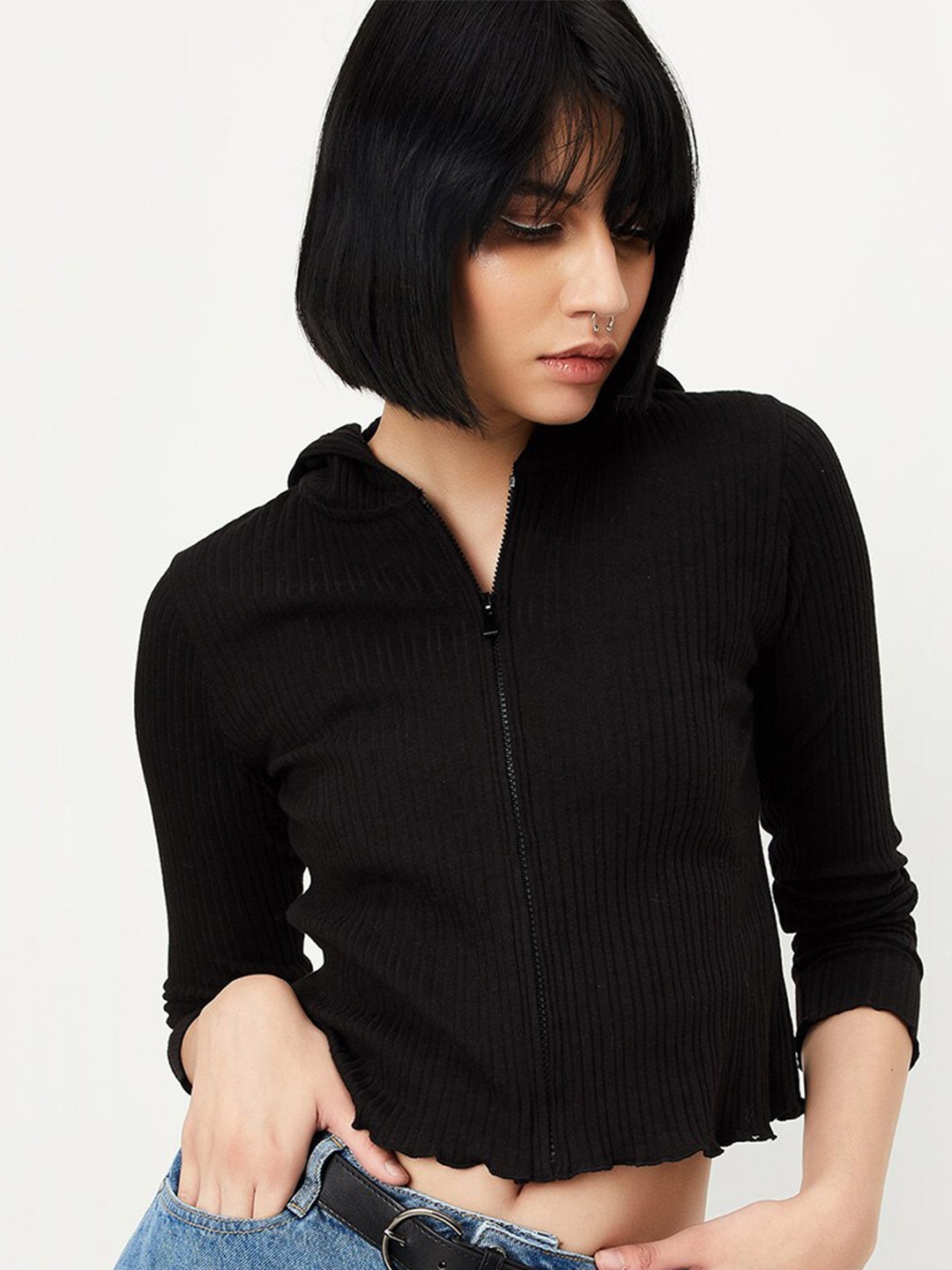 

max Striped Hooded Crop Top, Black