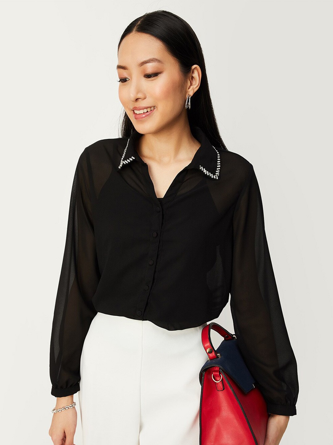 

max Shirt Collar Shirt Style Top, Black