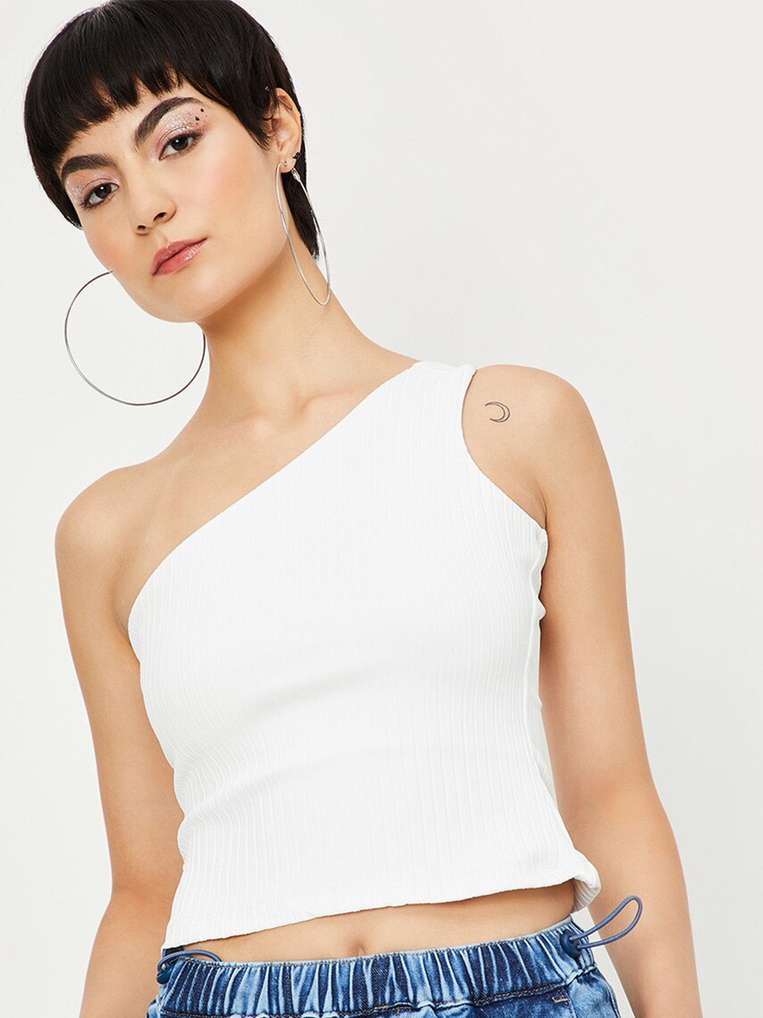 

max Ribbed One Shoulder Crop Fitted Top, White