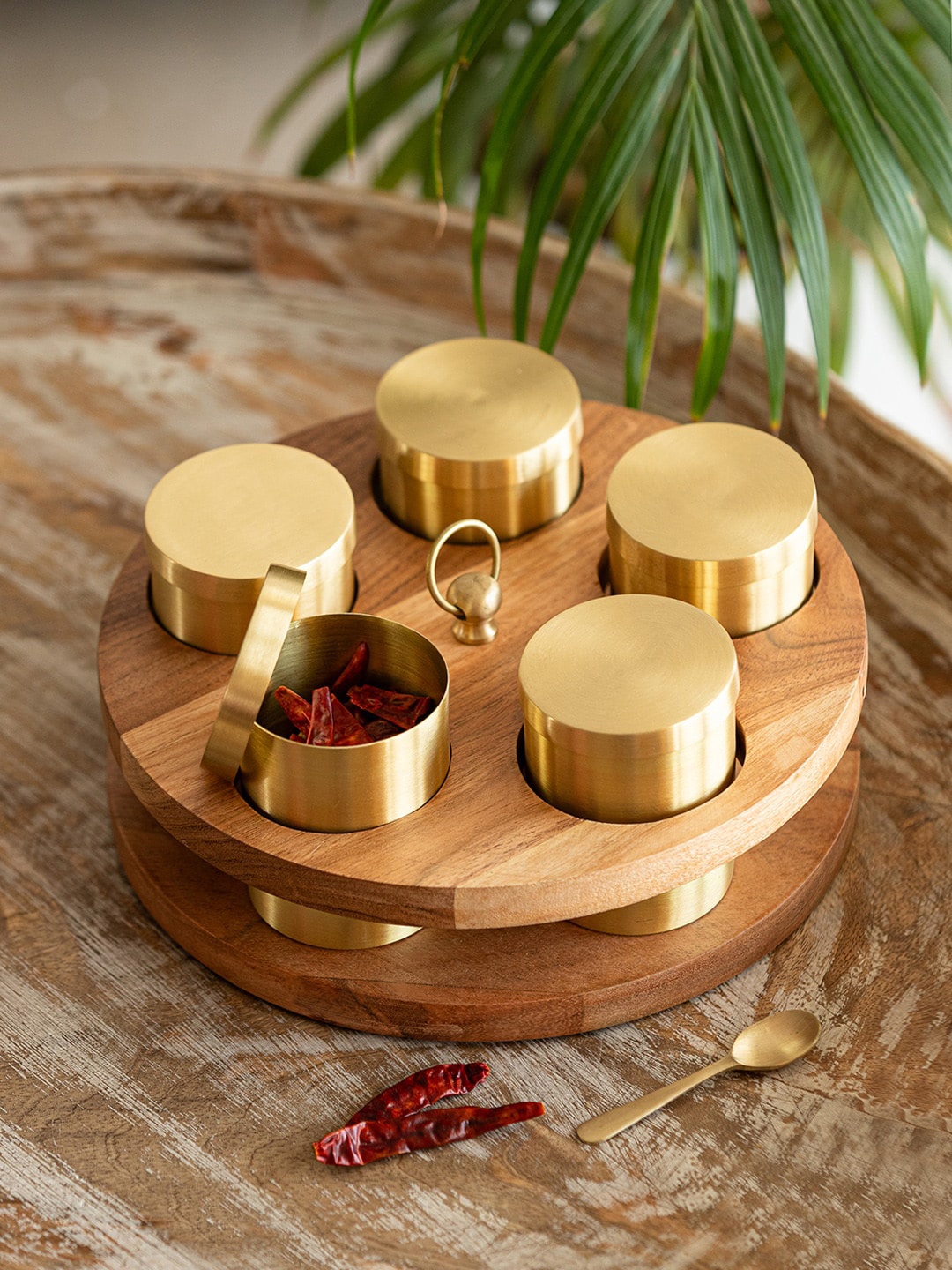 

ExclusiveLane Handcrafted Gold Toned 5 Pcs Brass & Acacia Wood Spice Holder with Spoon