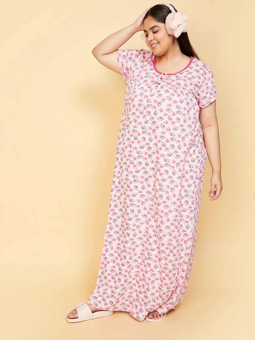 

max Plus Size Conversational Printed Pure Cotton Maxi Nightdress, Pink