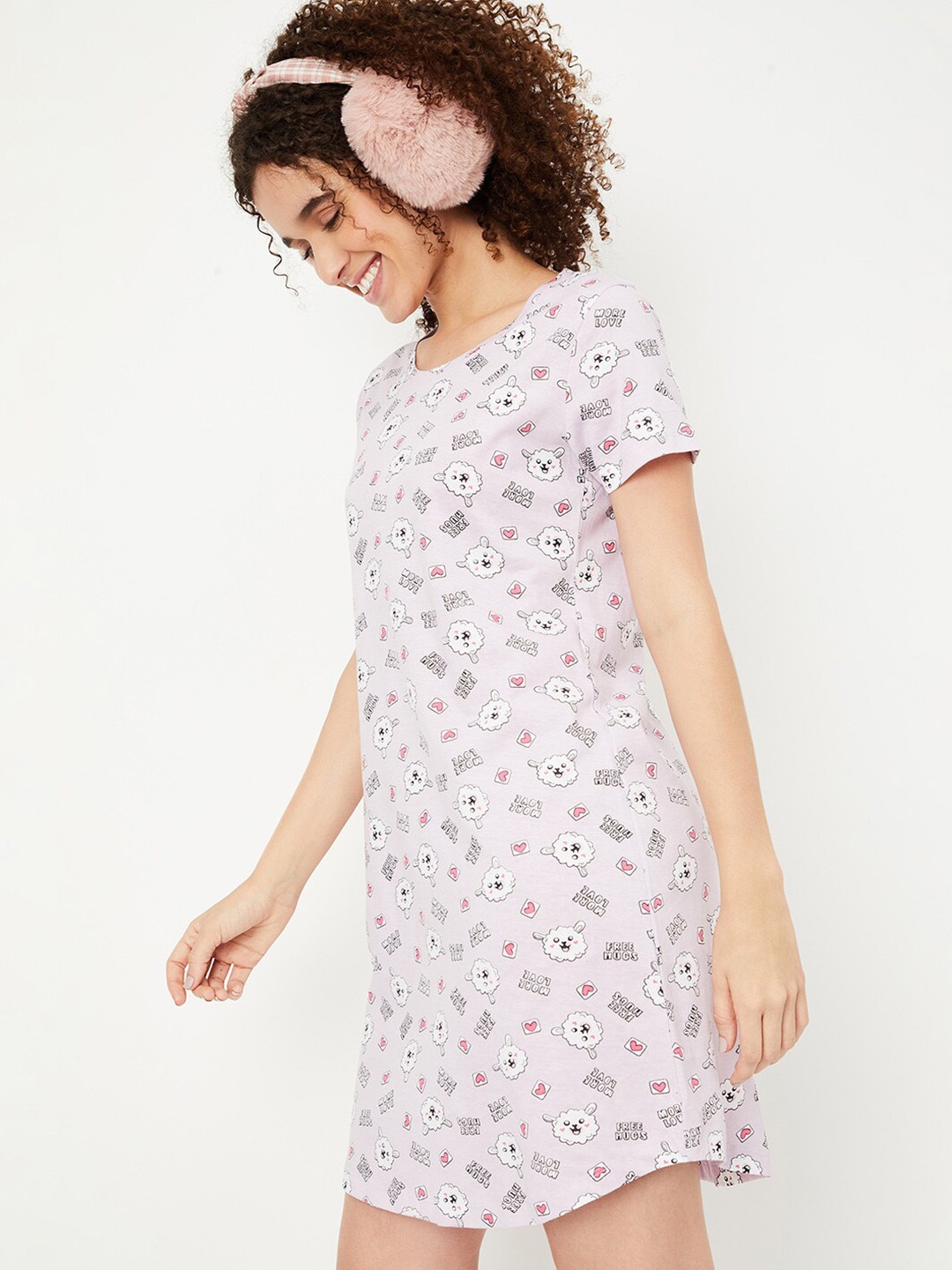 

max Typography Printed Pure Cotton T-shirt Nightdress, Purple