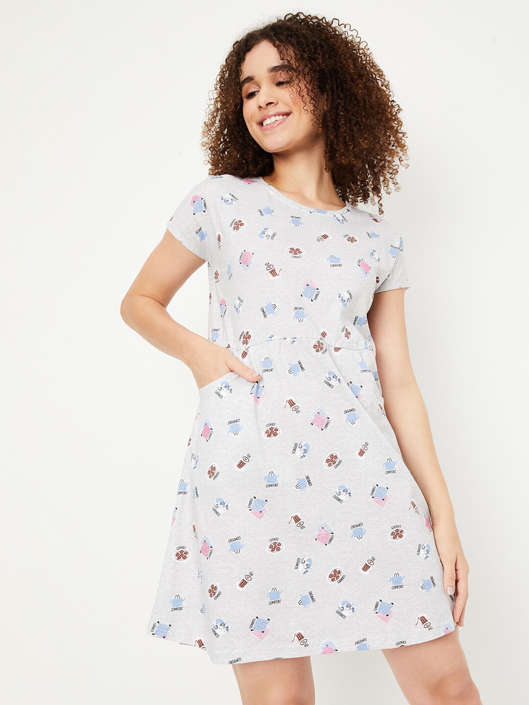 

max Typography Printed Pure Cotton T-shirt Nightdress, Grey