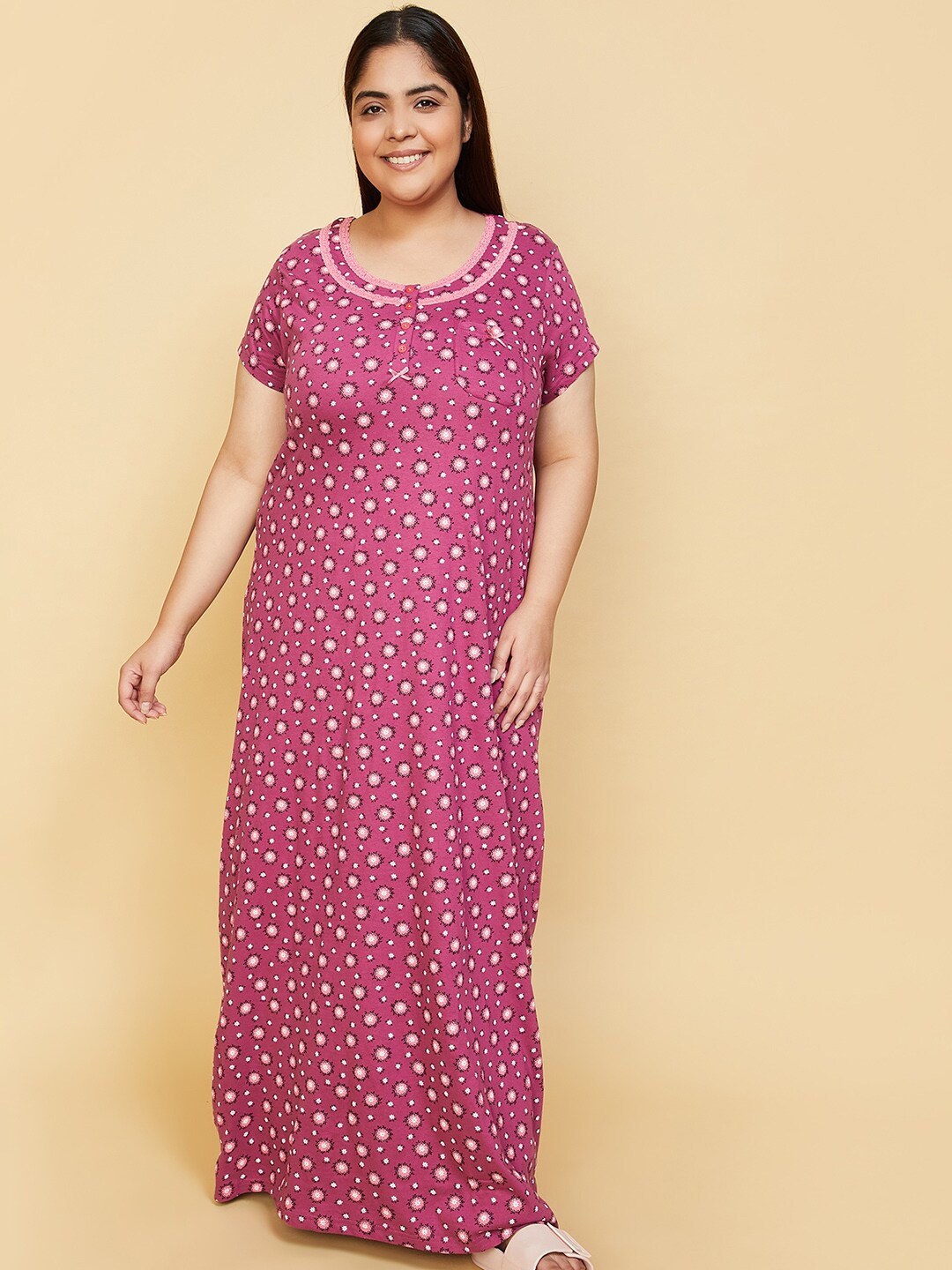 

max Ethnic Motifs Printed Pure Cotton Maxi Nightdress, Pink