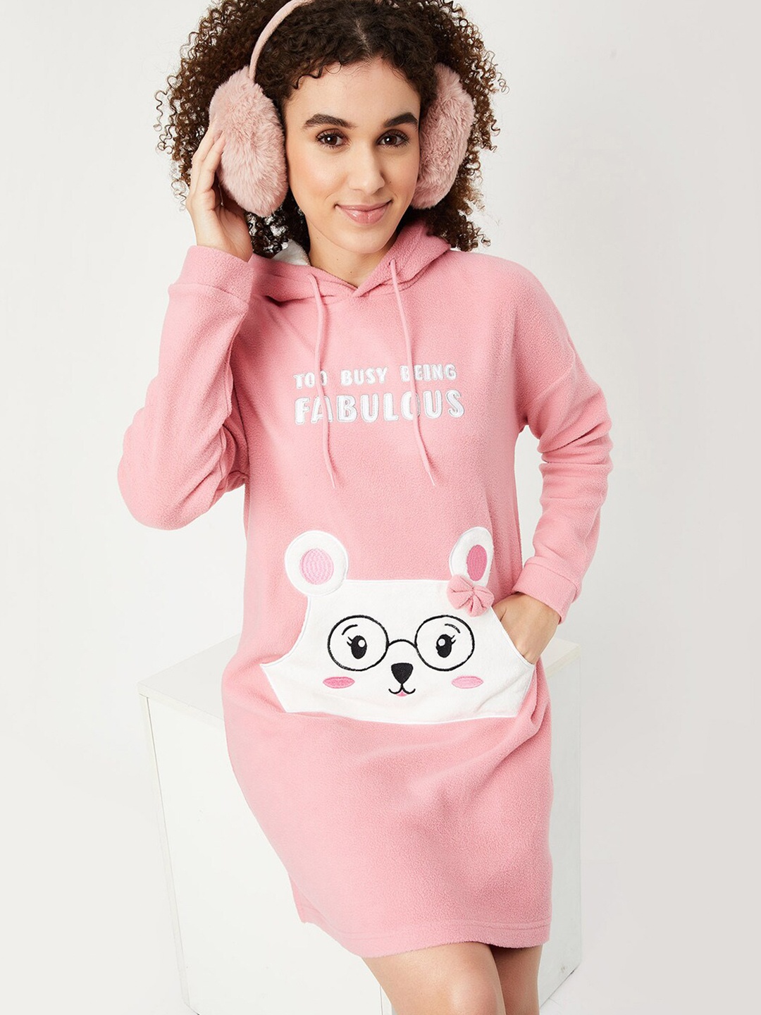 

max Typography Printed Hooded T-shirt Nightdress, Pink