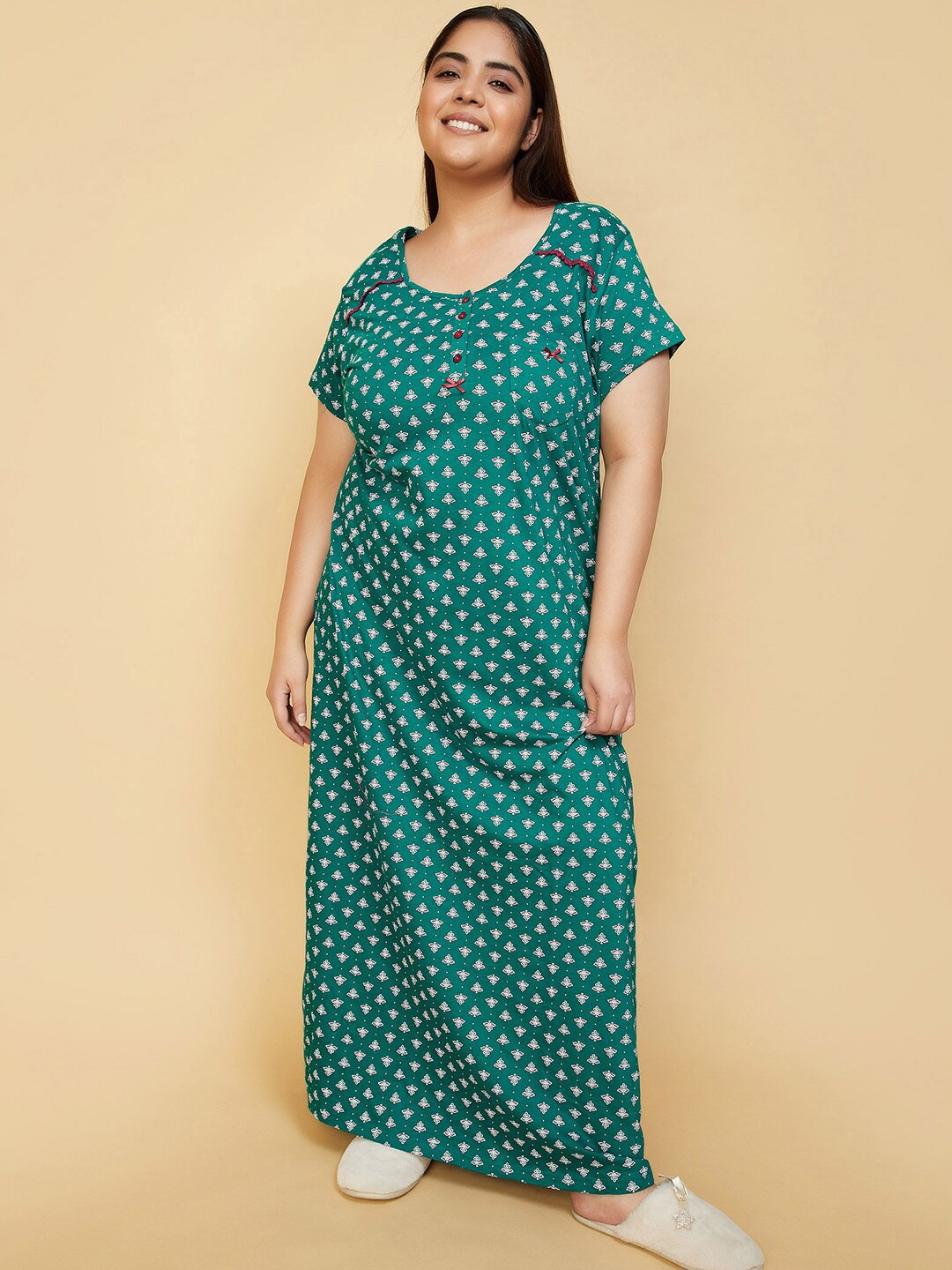 

max Plus Size Floral Printed Pure Cotton Regular Maxi Nightdress, Green