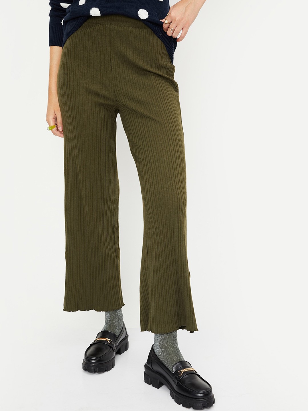 

max Women Mid-Rise Ribbed Trousers, Green