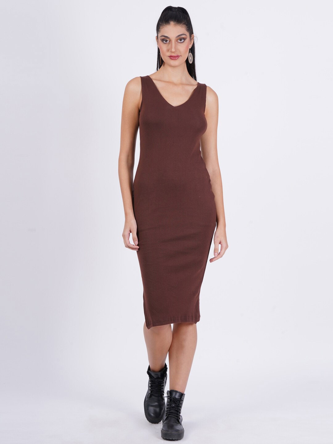 

SIGHTBOMB V-Neck Cotton Bodycon Dress, Brown