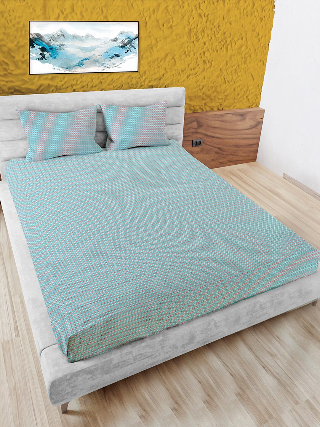 

MAYFAIR HOMES LONDON Green Striped Cotton 180 TC Queen Bedsheet with 2 Pillow Covers, Blue