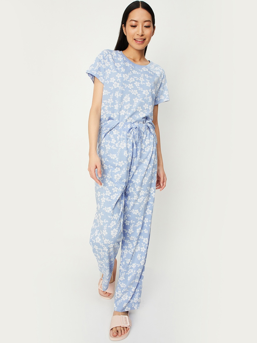 

max Floral Printed Pure Cotton T-shirt With Lounge Pant, Blue