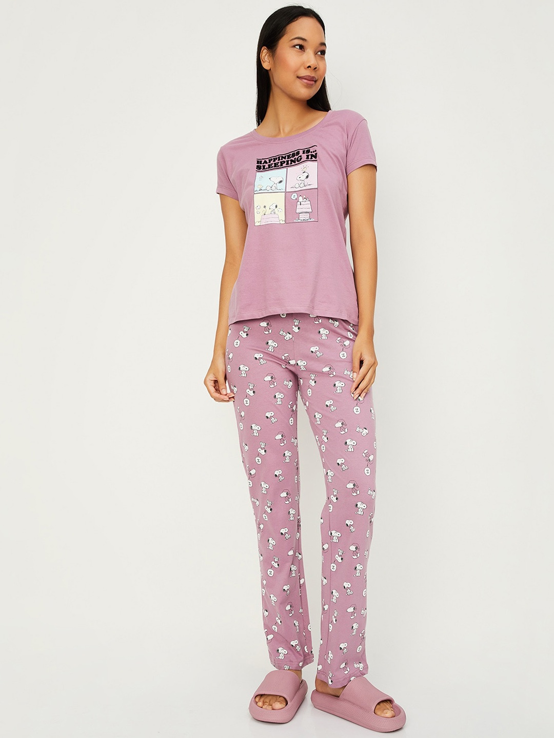 

max Typography Printed Pure Cotton T-shirt With Lounge Pant, Purple
