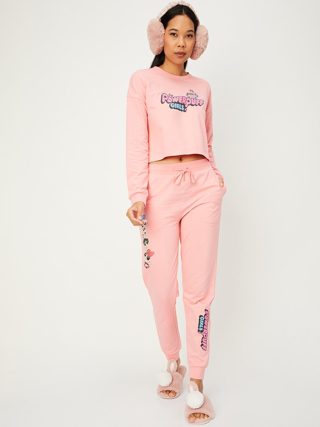 

max Powerpuff Girls Printed Pure Cotton T-shirt With Lounge Pant, Pink