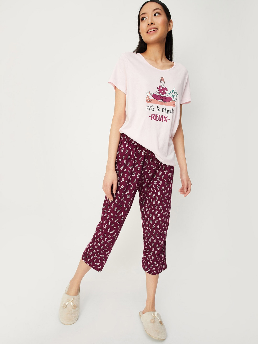 

max Typography Printed Pure Cotton T-shirt With Capris, Pink