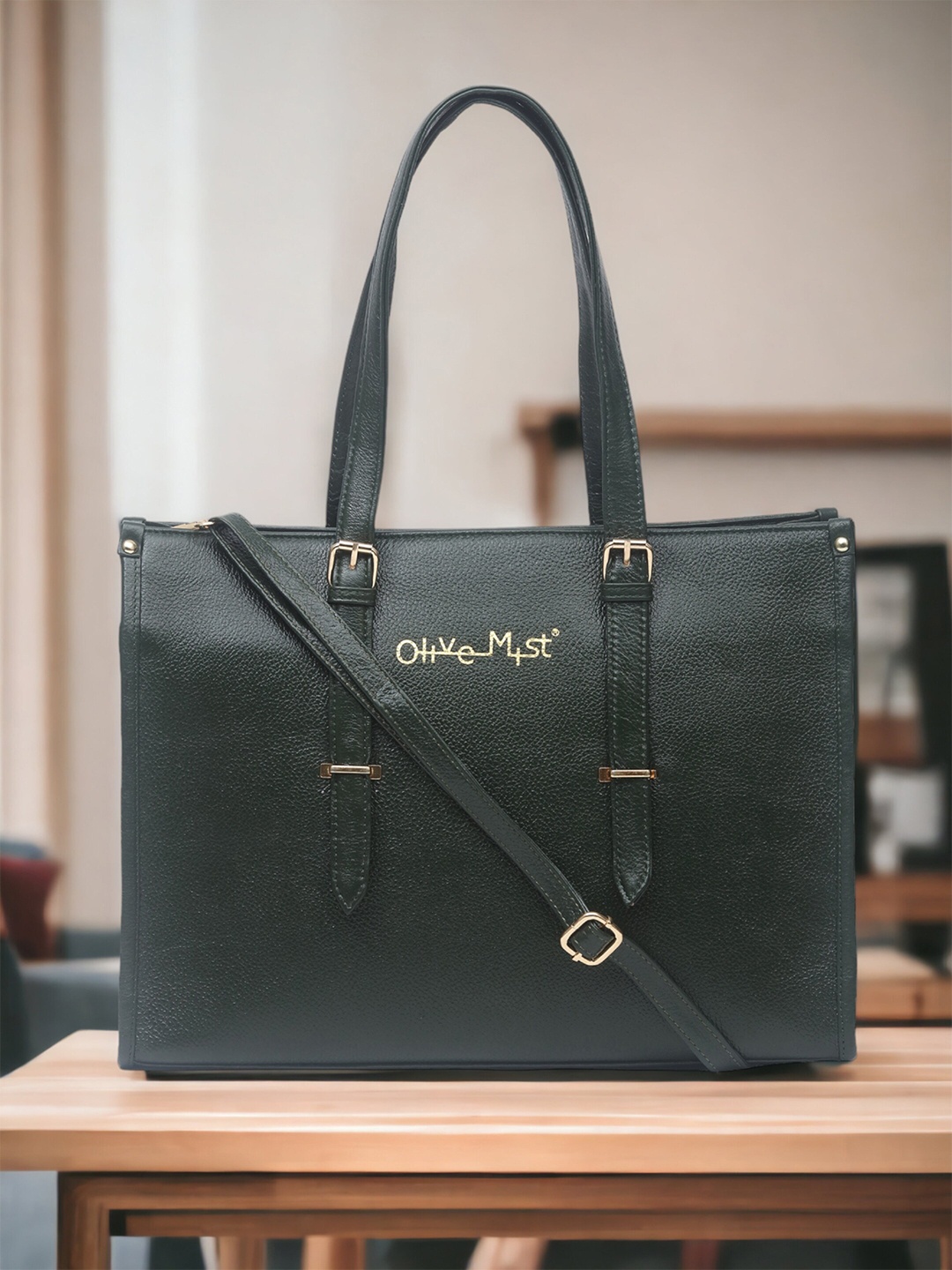 

OLIVE MIST Textured Leather Laptop Handheld Bag, Green