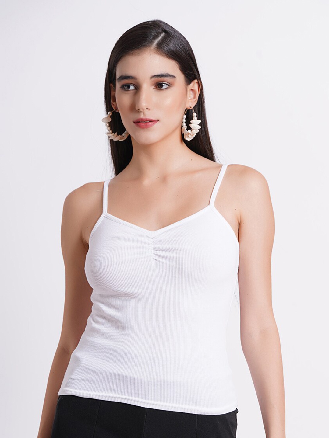 

SIGHTBOMB Ribbed Shoulder Straps Fitted Cotton Top, White