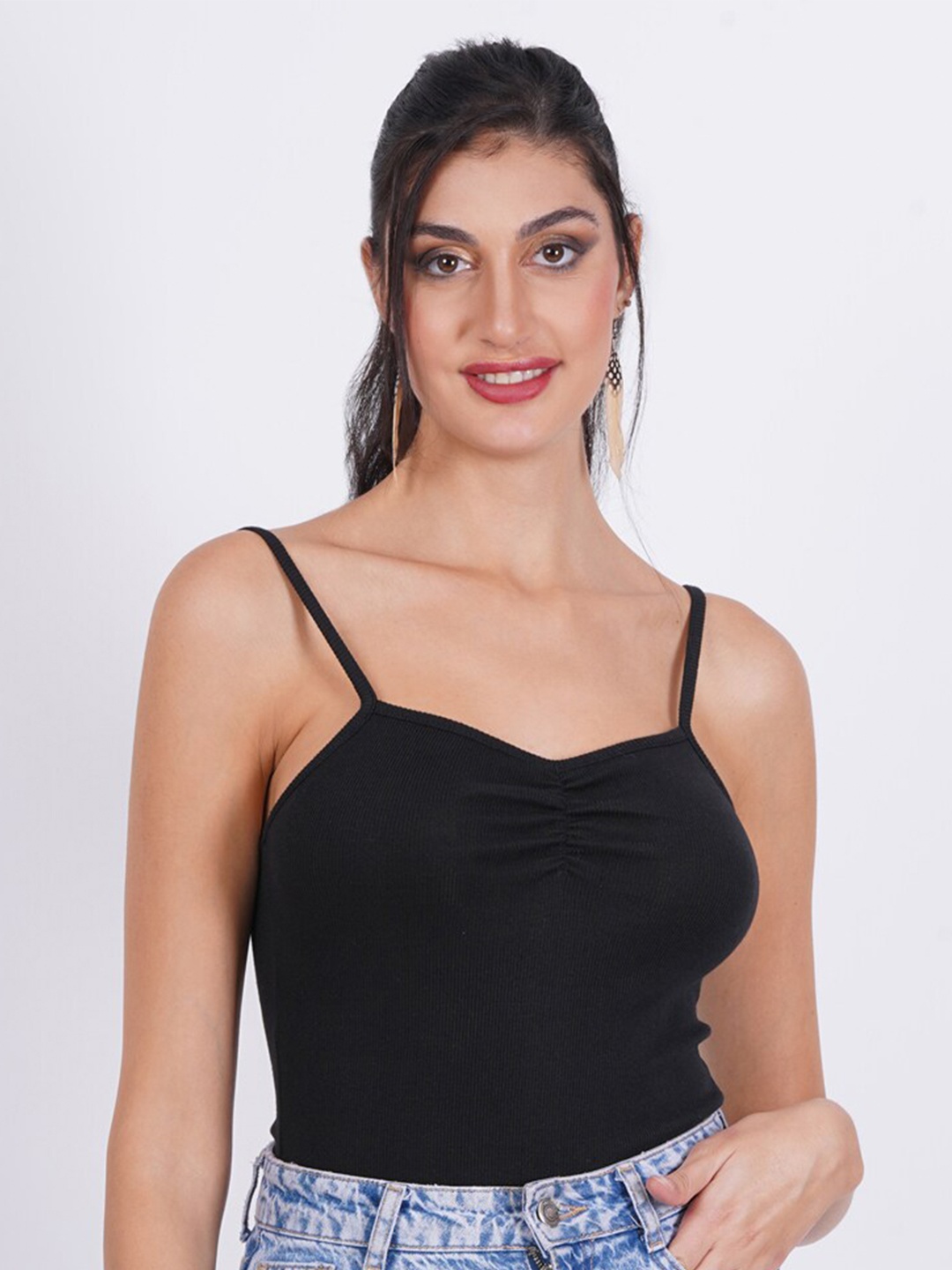 

SIGHTBOMB Shoulder Strap Ruched Fitted Cotton Top, Black