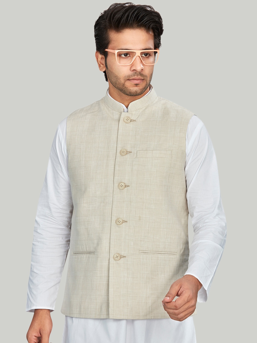 

Authentics Checked Nehru Jacket, Beige
