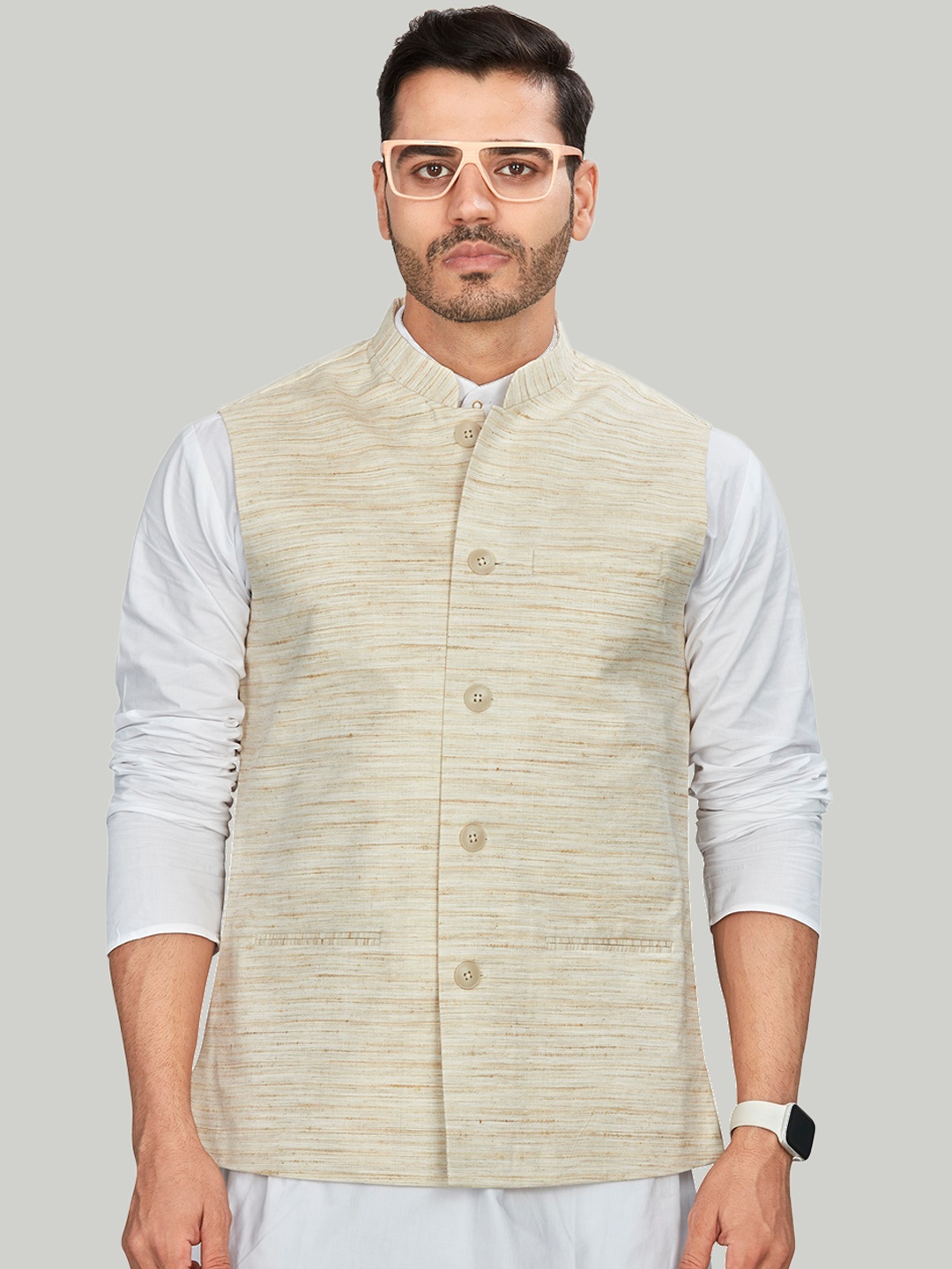 

Authentics Mandarin Collar Cotton Nehru Jacket, Beige