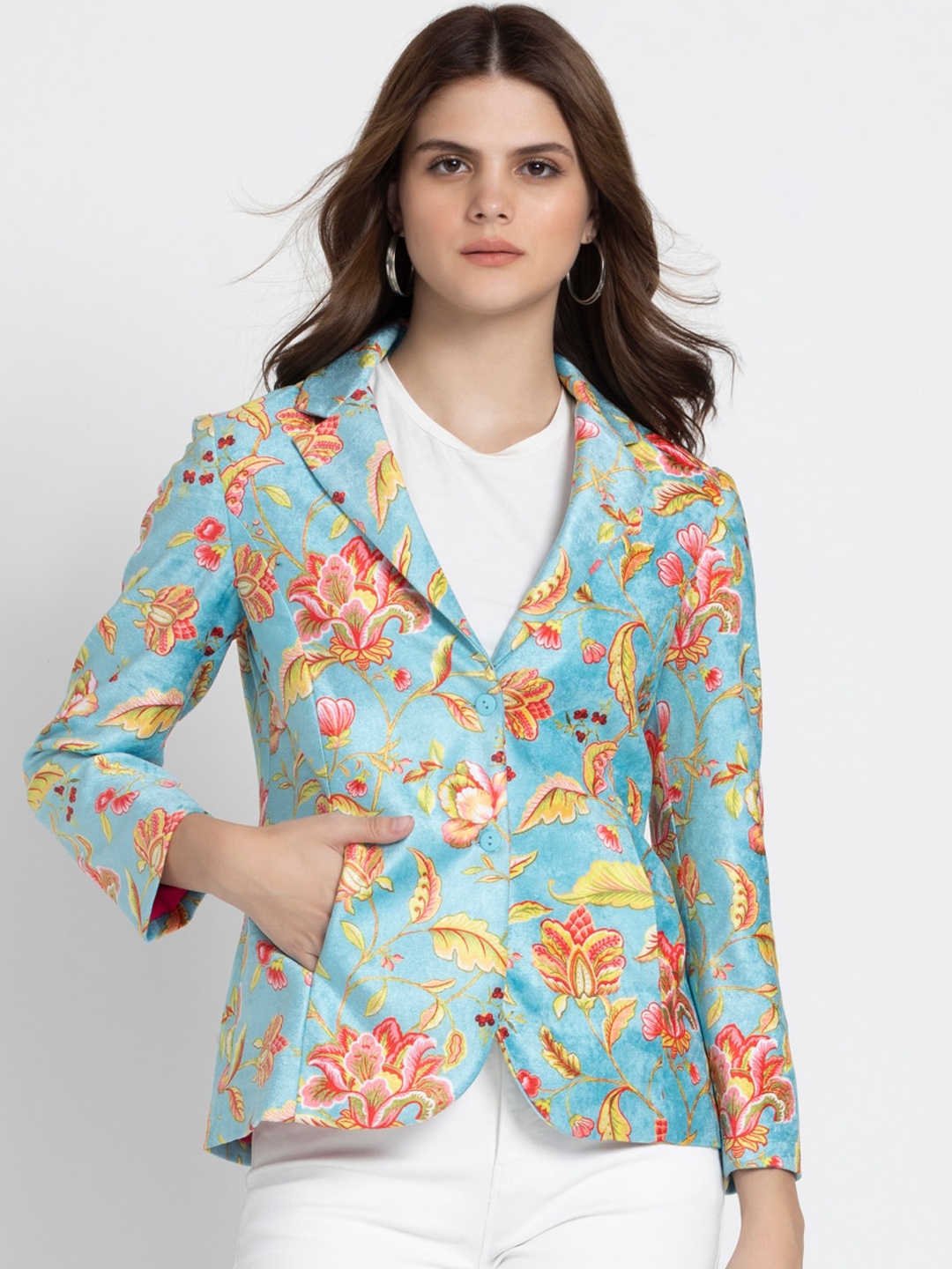 

SHAYE Printed Slim Fit Velvet Single Breasted Blazer, Blue