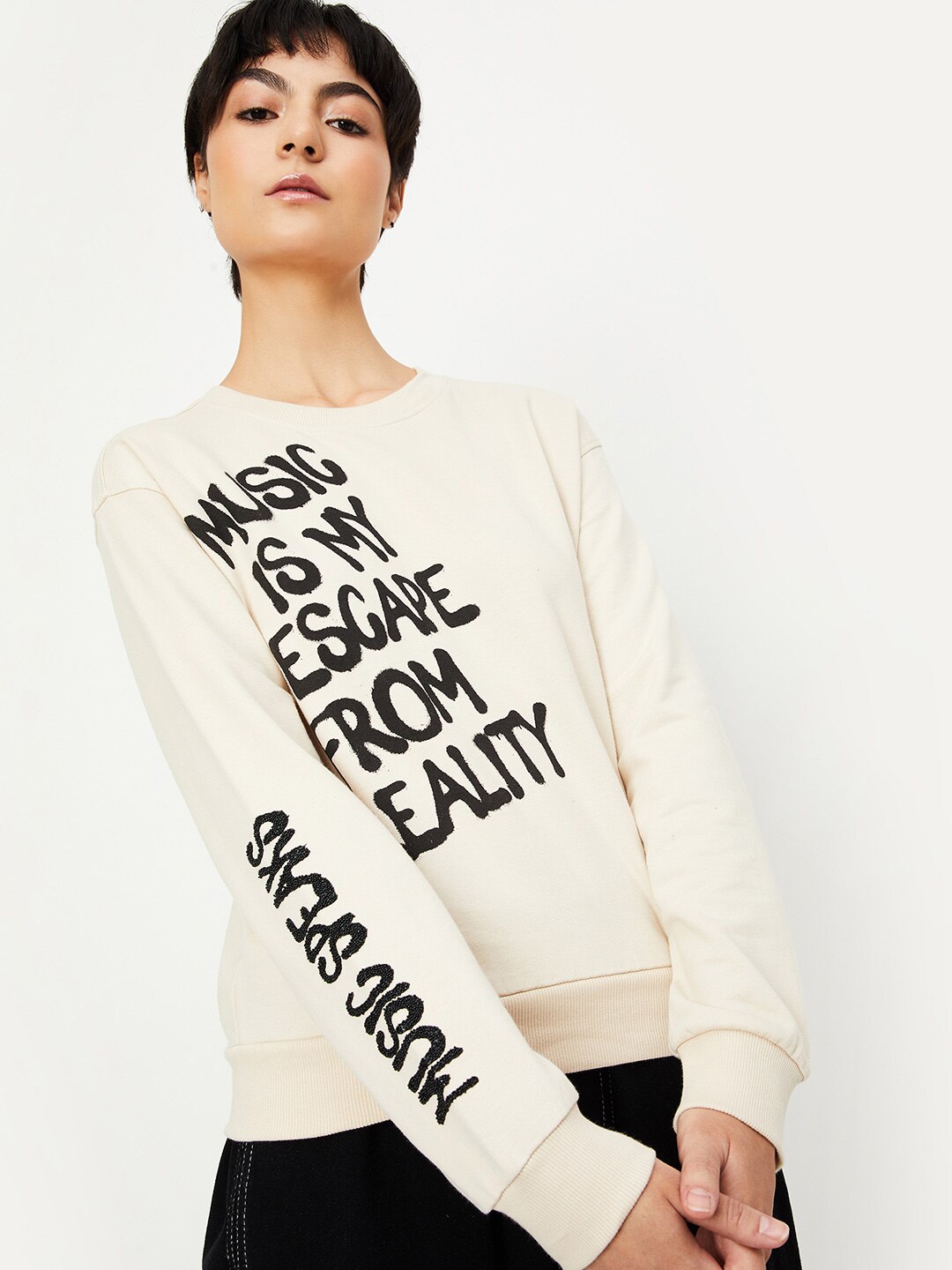 

max Typography Printed Pure Cotton Pullover Sweatshirt, Beige