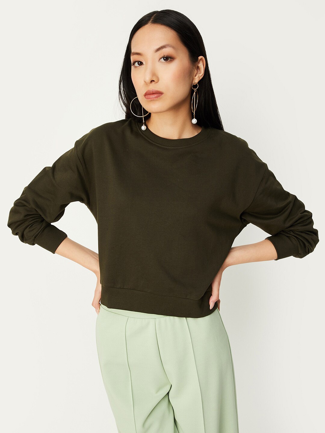 

max Round Neck Long Sleeve Cotton Crop Pullover Sweatshirt, Green