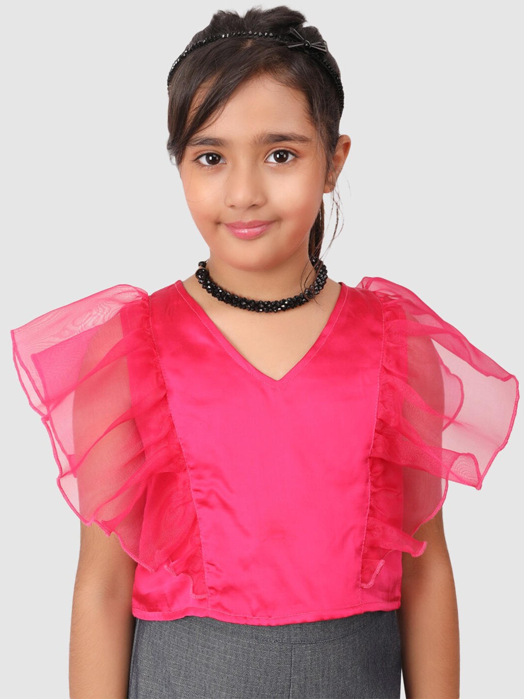 

Jelly Jones Girls Flutter Sleeves Ruffles Modal Crop Regular Top, Pink