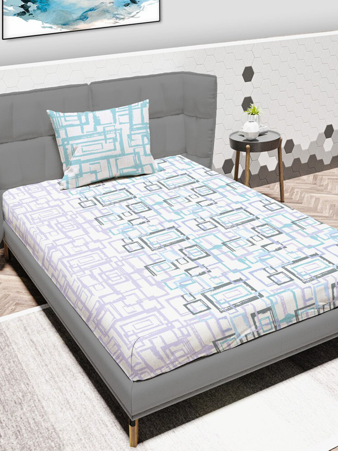 

MAYFAIR HOMES LONDON Blue & White Geometric Cotton 120 TC Single Bedsheet & 1 Pillow Cover