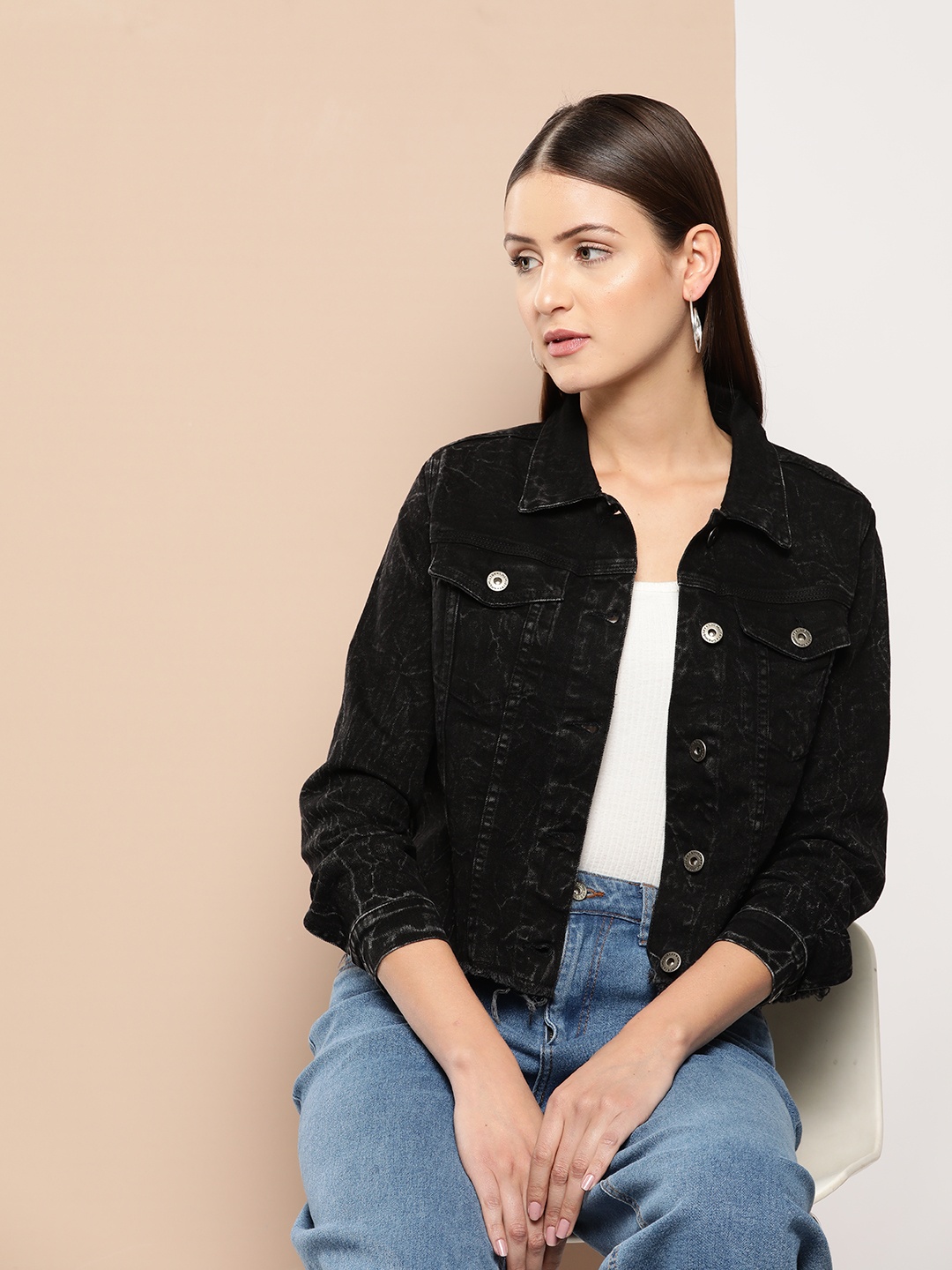 

Chemistry Printed Pure Cotton Denim Jacket, Black