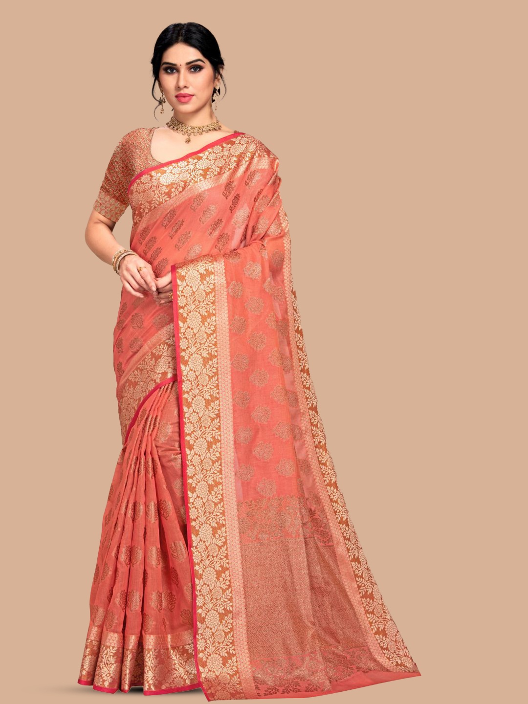 

MAGMINA Floral Woven Design Zari Silk Cotton Banarasi Saree, Pink