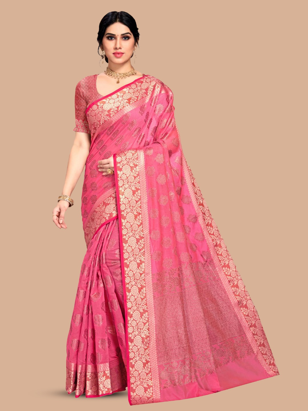 

MAGMINA Floral Woven Design Zari Pure Silk Banarasi Saree, Pink