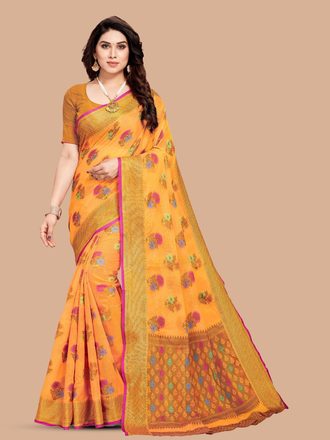 

MAGMINA Floral Woven Design Zari Silk Cotton Banarasi Saree, Yellow