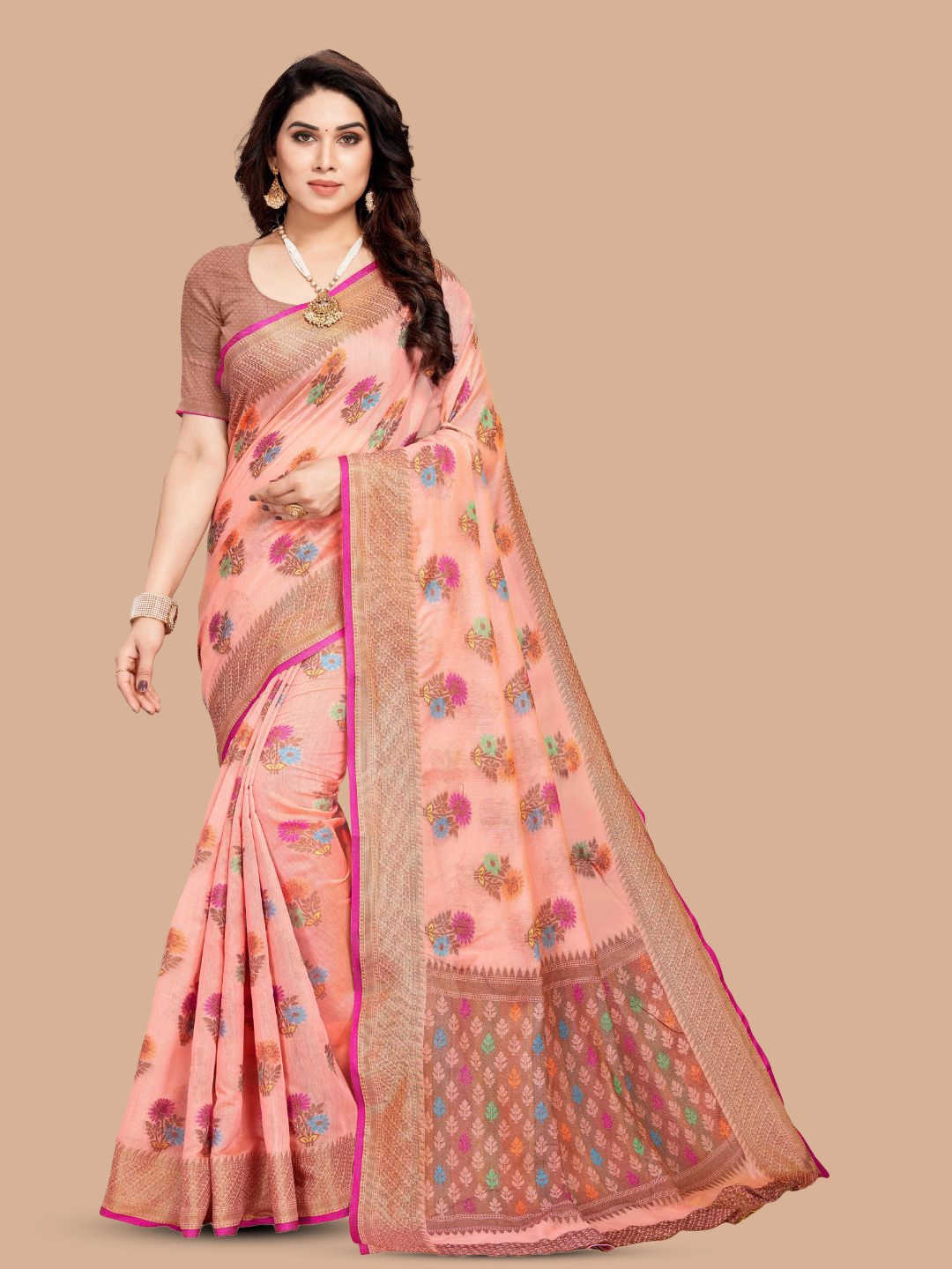 

MAGMINA Ethnic Motif Woven Design Zari Silk Cotton Banarasi Saree, Peach