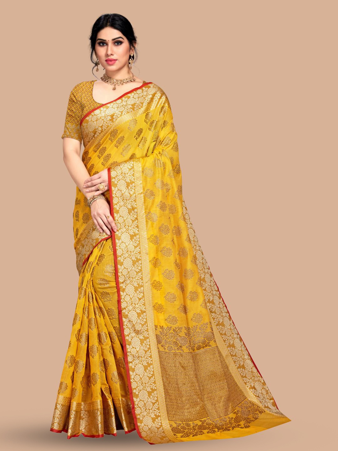 

MAGMINA Floral Woven Design Zari Silk Cotton Banarasi Saree, Yellow
