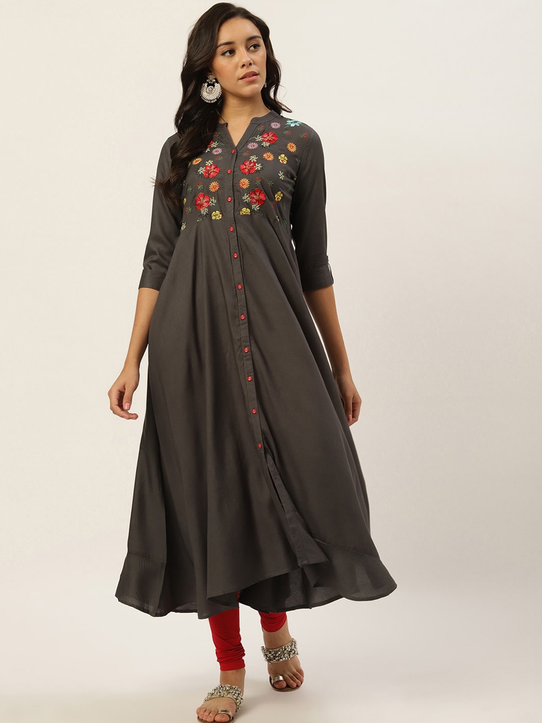 RANGMAYEE Floral Embroidered Mandarin Collar Pure Cotton Anarkali Kurta, Grey