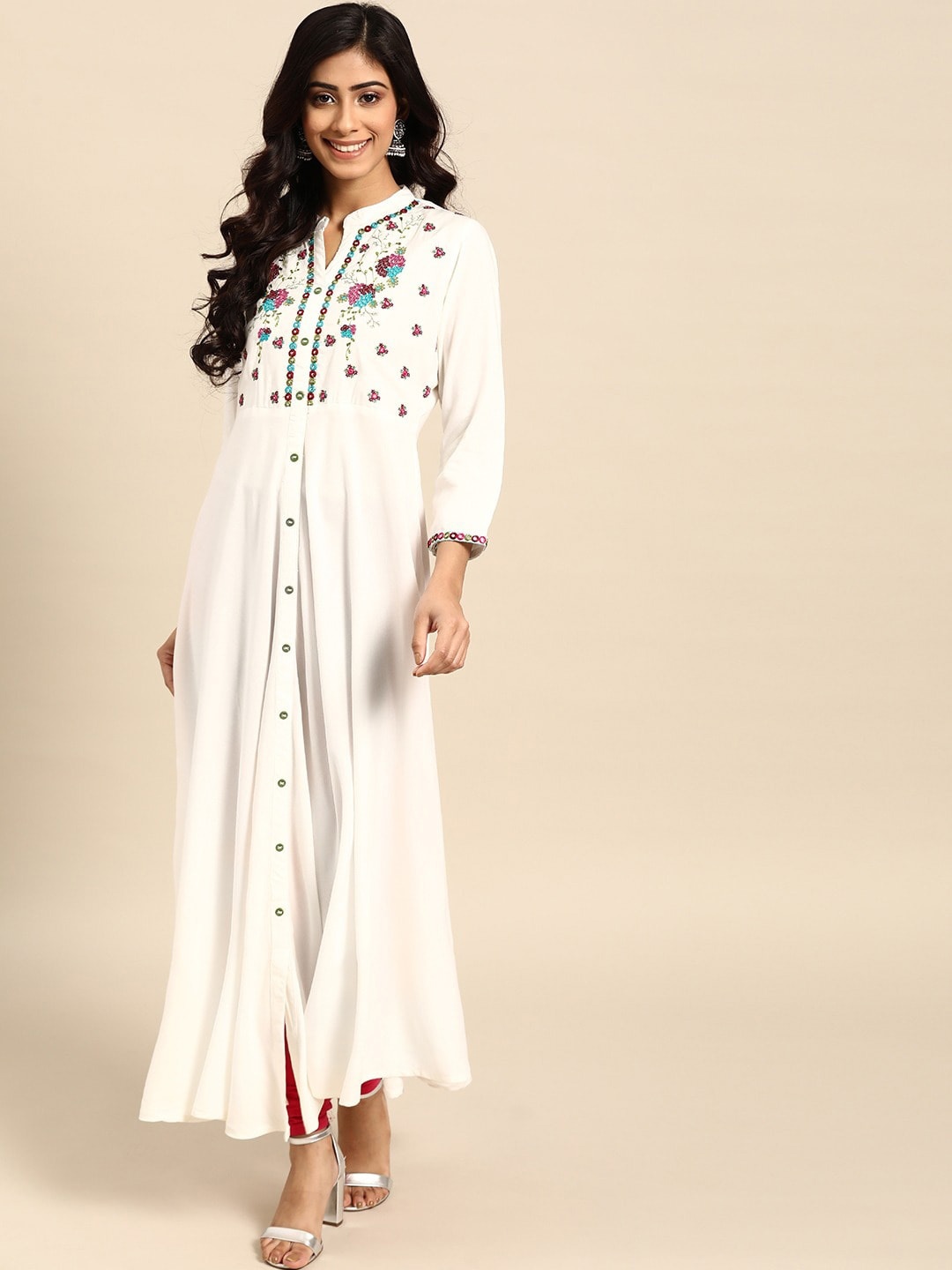 

RANGMAYEE Yoke Design Mandarin Collar Thread Work Anarkali Kurta, White