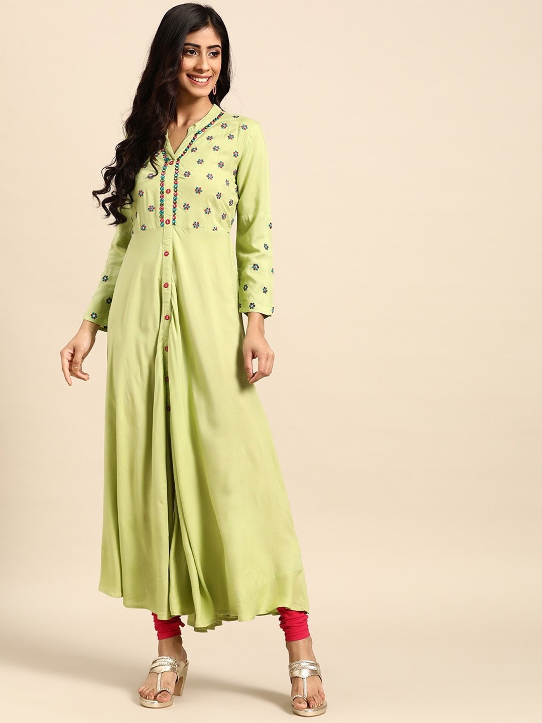 

RANGMAYEE Yoke Design Mandarin Collar Thread Work Anarkali Kurta, Green