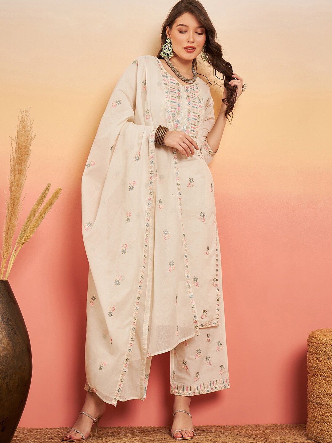 

House of Pataudi Floral Embroidered Pure Cotton Kurta With Palazzos & Dupatta, Off white