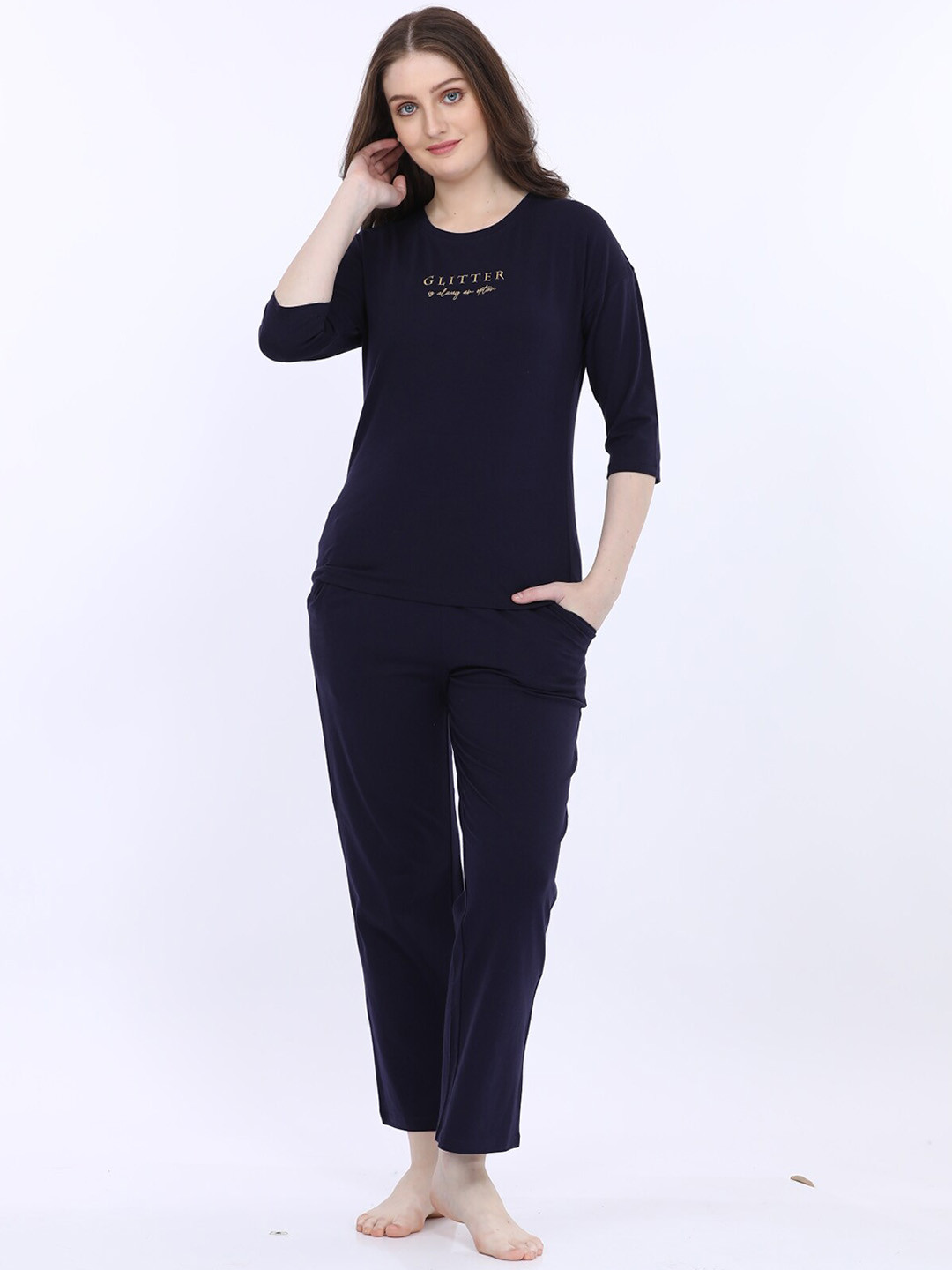 

MAYSIXTY Typography Printed Round Neck Night suit, Navy blue