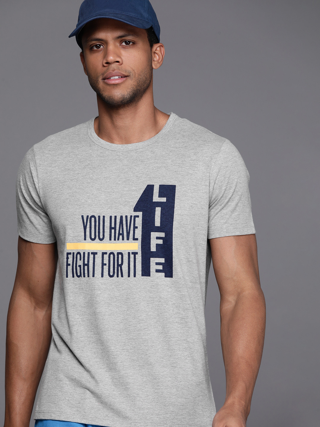 

HRX by Hrithik Roshan Men Typography Printed Pure Cotton T-shirt, Grey melange