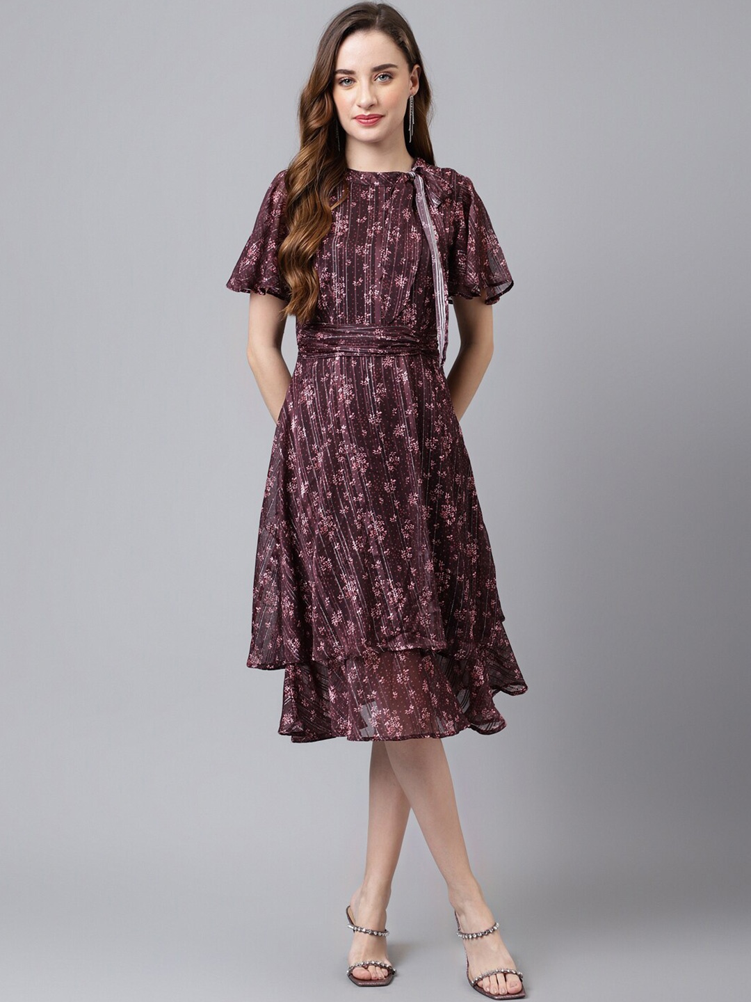 

Latin Quarters Floral Printed Flared Sleeves Tie-Ups Layered Fit & Flare Dress, Maroon