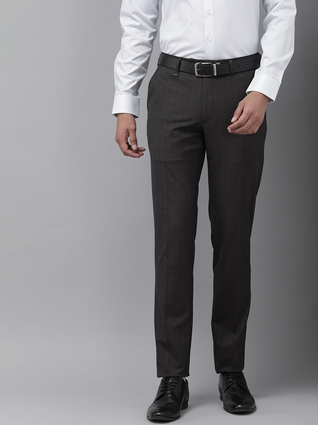 

Van Heusen Men Checked Slim Fit Mid-Rise Formal Trousers, Charcoal