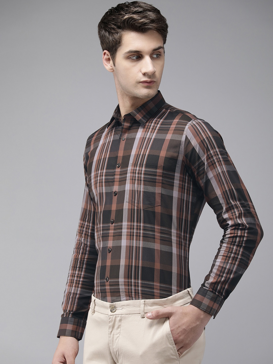 

Van Heusen Men Slim Fit Tartan Checks Pure Cotton Formal Shirt, Brown