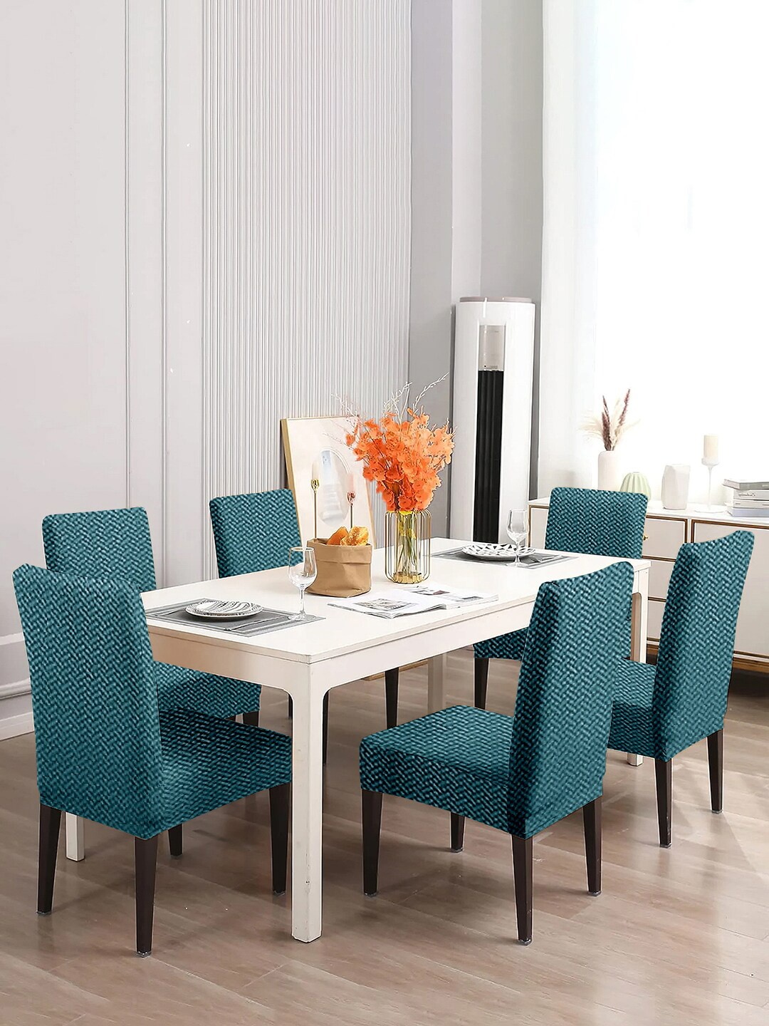 

Cortina Blue 6 Pieces Textured Dining Chair Covers, Teal