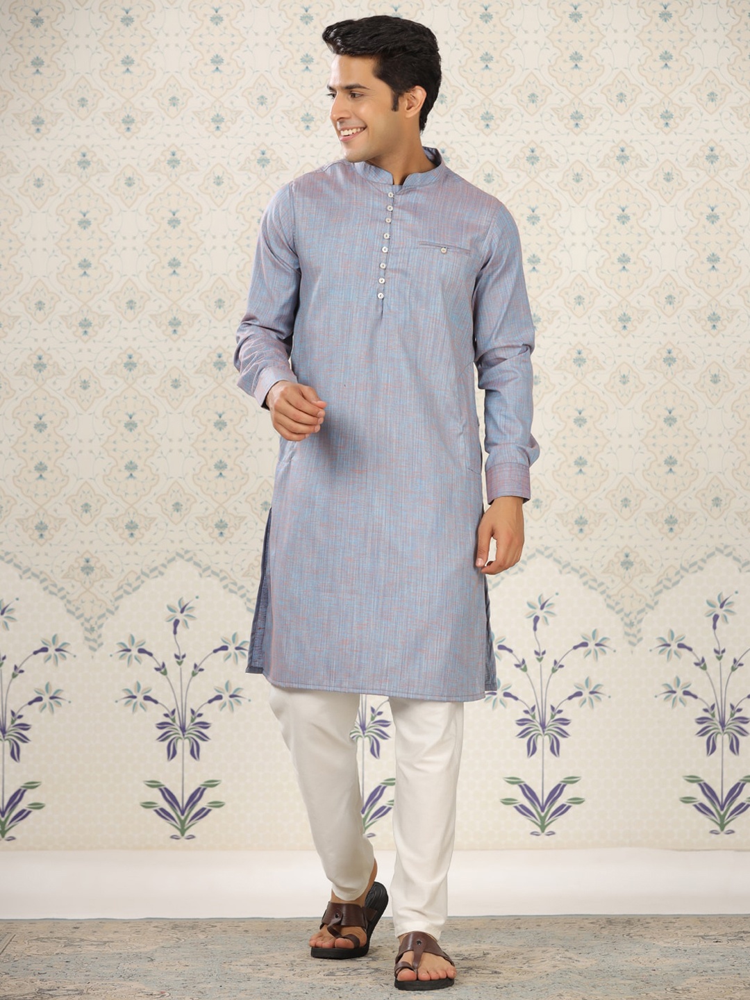 

Ode by House of Pataudi Mandarin Collar Regular Pure Cotton Kurta With Pyjamas, Purple