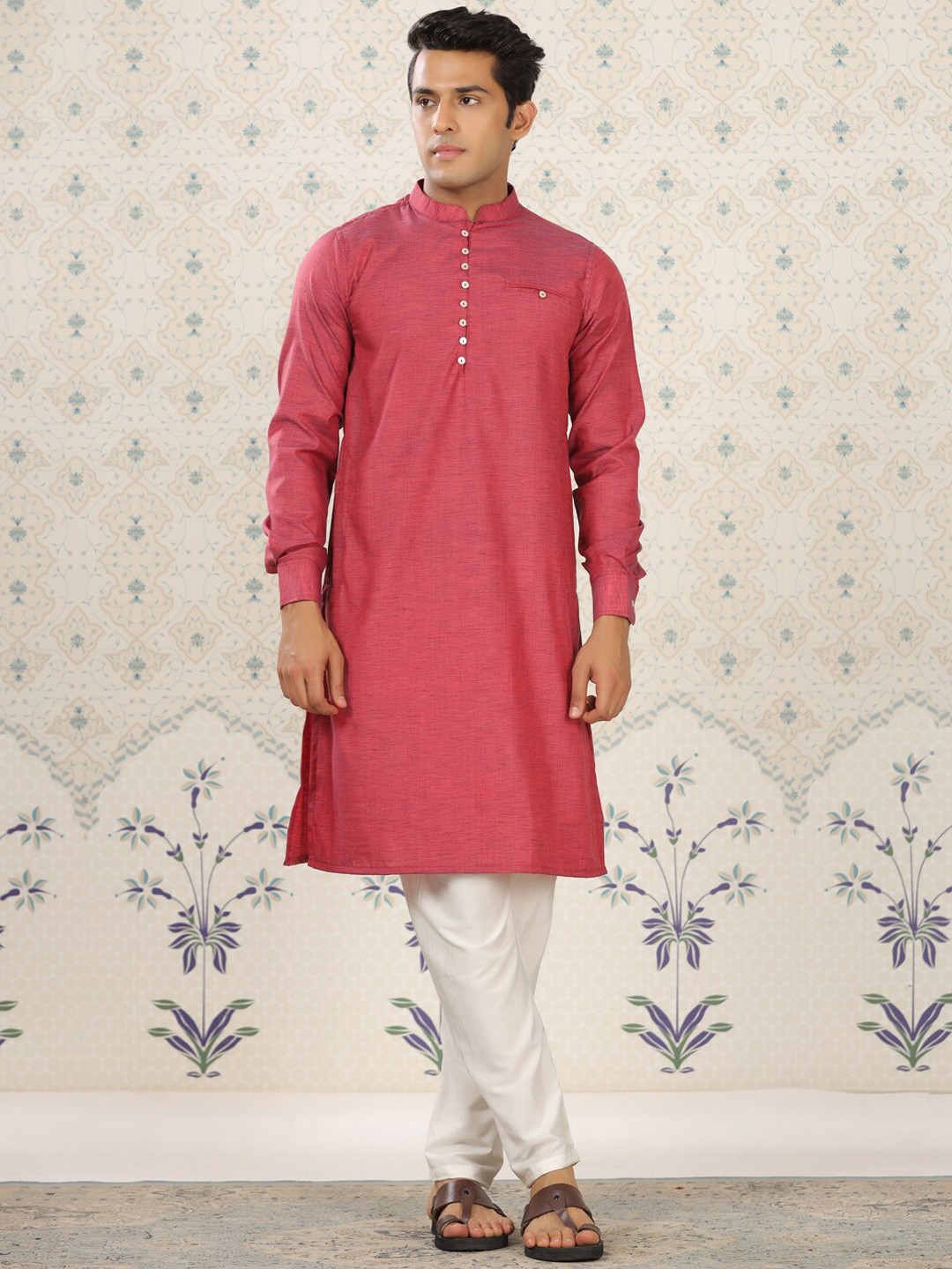 

Ode by House of Pataudi Mandarin Collar Regular Pure Cotton Kurta With Pyjamas, Red