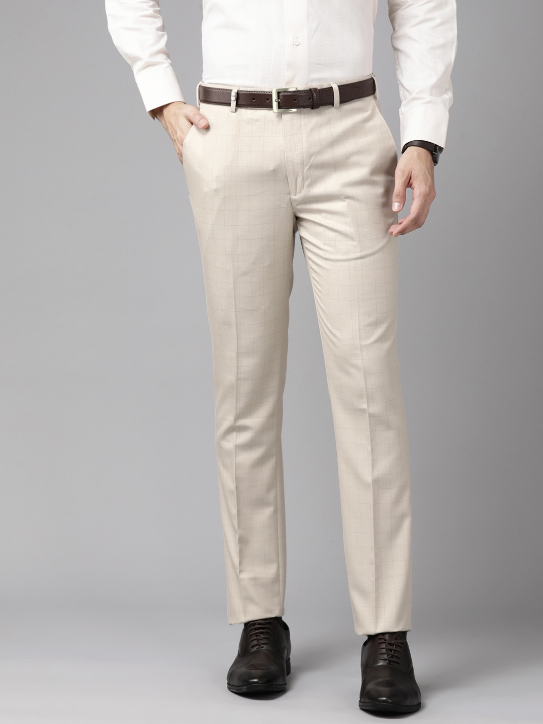 

Park Avenue Men Checked Super Slim Fit Formal Trousers, Beige